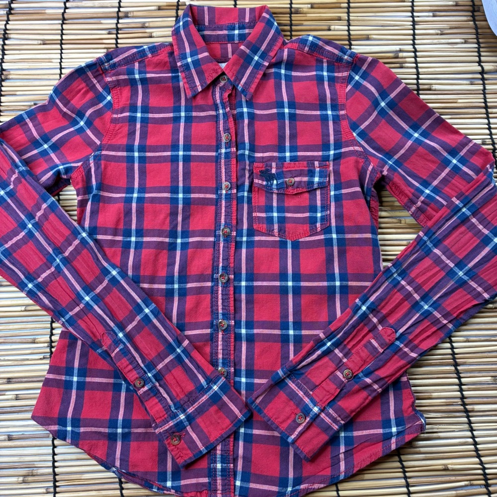 Abercrombie‎ Kids Red Navy Blue Plaid Flannel Button Down Shirt Large L